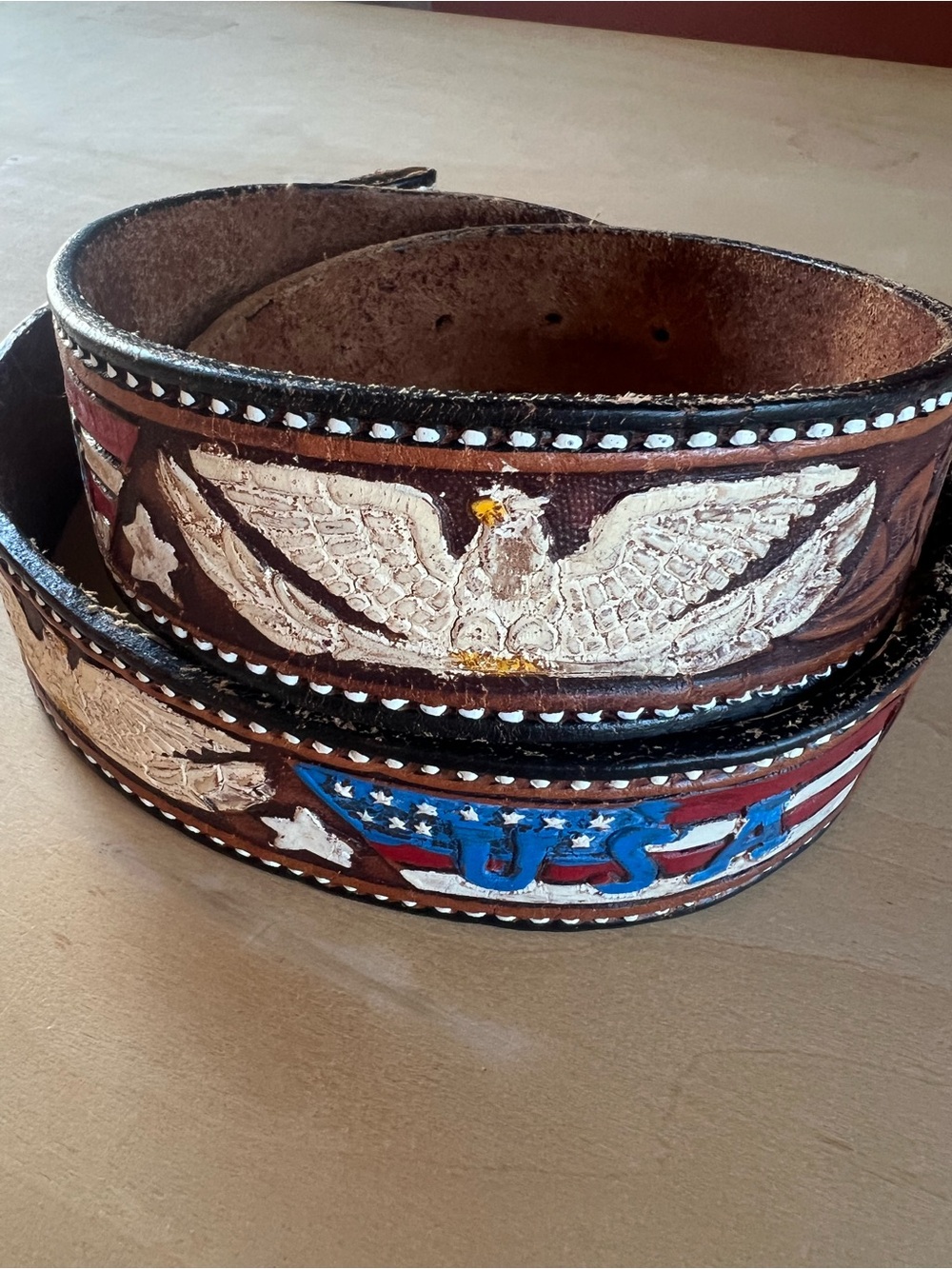 Vintage 70s Tooled Leather Belt Bald Eagle USA Americana Western Cowboy 40”
